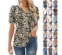 Hauts pour femme - Col en V - Décontracté - Manches courtes bouffantes - Grande taille - T-shirt plissé à imprimé floral, 6-Blanc, L