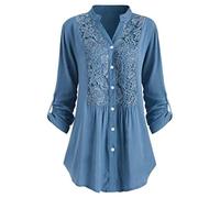 Hauts pour femme en dentelle élégante enroulable long chemisier col en V boutonné tuniques chemises plissées mi-longueur unie t-shirt habillé swing sortie t-shirt grande taille 36-50, Bleu 02, 50
