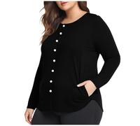 Hauts pour femme - Grande taille - Manches longues - Boutons - T-shirt basique ample et léger - Couleur unie - Doux et extensible - Avec poches, 1#Noir, 50