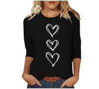 Hauts pour femme - Manches 3/4 - Avec imprimé cœur - Grandes tailles - Pour la Saint-Valentin - Col rond, Noir , 5XL