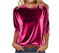 Hauts pour femme - Manches 3/4 - En velours - Moderne - Col rond - Couleur unie - Manches trois-quarts, P-ink, S
