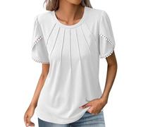 Hauts pour femme tendance à manches pétales plissées et col rond, tunique mignonne à motif floral dégradé, blanc, 3XL
