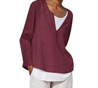 Hauts Printemps Eté pour Femme T-Shirt Faux Deux Pièces Coton et Lin Couleur Unie Chemise Manches Longues Col Rond Coupe Ample Blouse de Travail de Bureau Lâche Respirant Pas Cher Casual