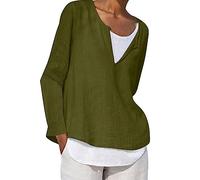 Hauts Printemps Eté pour Femme T-Shirt Faux Deux Pièces Coton et Lin Couleur Unie Chemise Manches Longues Col Rond Coupe Ample Blouse de Travail de Bureau Lâche Respirant Pas Cher Casual