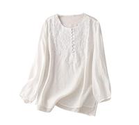 Hauts Rétro à Manches Longues Coton et Lin pour Femme T-Shirts Col Rond Tops Imprimé Fleuri Tendance D'été Automne Chic et élégant Mode Blouse Coton Lin Vintage Coupe Ample Style Décontracté 2024