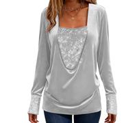 Hauts Sequins Femme Col Lanterne T-Shirt à Col Carré Manche Longues Hauts Grande Taille Tops à Paillettes Femmes Vêtements Brillante Sequins Étincelle Tops Fête Club Décontracté