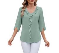 Hauts tendance à manches 3/4 pour femme - Chemisiers habillés en mousseline de soie coupe ajustée, col en V, détails volants, chemise légère, taille fuselée, pull à manches flottantes, chemisier à