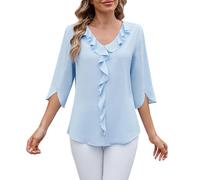 Hauts tendance à manches 3/4 pour femme - Chemisiers habillés en mousseline de soie coupe ajustée, col en V, détails volants, chemise légère, taille fuselée, pull à manches flottantes, chemisier à