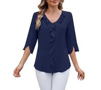Hauts tendance à manches 3/4 pour femme - Chemisiers habillés en mousseline de soie coupe ajustée, col en V, détails volants, chemise légère, taille fuselée, pull à manches flottantes, chemisier à