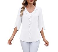 Hauts tendance à manches 3/4 pour femme - Chemisiers habillés en mousseline de soie coupe ajustée, col en V, détails volants, chemise légère, taille fuselée, pull à manches flottantes, chemisier à