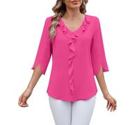 Hauts tendance à manches 3/4 pour femme - Chemisiers habillés en mousseline de soie coupe ajustée, col en V, détails volants, chemise légère, taille fuselée, pull à manches flottantes, chemisier à