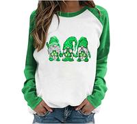 Hauts tendance pour femme Saint Patrick Trèfle vert Pull de fête nationale irlandaise Hauts Gnome Chapeau Motif Sweatshirt Bloc de Couleurs Patchwork Pull Tops Manches Longues Chemisier Chemise