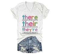 Hauts tendance pour femmes et filles 2024 nouvelle chemise décontractée pour femmes mode col en V à manches courtes There Their Theyre Teacher American Teacher's Day T-shirt à manches courtes pour