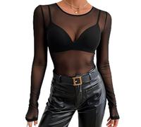 Hauts Transparents Femmes T-Shirt, Haut en Voile Transparente, Elastique Chemise Noir Manches Longues Top en Maille Sexy (FR/ES, Alpha/Lettres, M, Taille Normale, Taille Normale)