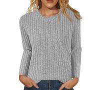 Hauts tricotés côtelés pour femmes, mode automne, décontracté, col rond, manches longues, pull en tricot uni, pulls pour femmes, Y2k, coupe ajustée, pull à enfiler T-shirts, tailles S à 2XL, gris, L