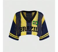 Hauts tricotés courts en crochet brodés avec rayures de couleurs contrastées, Coupe du Monde du Brésil, football, été pour femmes L,M,S,XL,XSLettres,Rayé,DrapeauÉtoffe