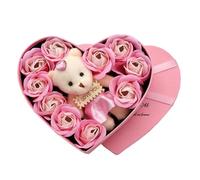 HAUZMLL Coffret cadeau de rose artificielle, coffret cadeau de rose éternelle en forme de cœur, ensemble ours & roses, bouquet de 10 roses roses, cadeau de décoration romantique pour adolescents et