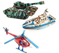HAUZMLL Lot de 3 Puzzles 3D en Bois, Chars, Bateaux, hélicoptères, modélisme pour la décoration, Bricolage en Bois, kit de modélisme, Cadeaux pour Hommes et Femmes