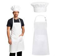 HAUZMLL Lot tablier et toque de cuisinier blanc ajustable, ensemble de cuisine imperméable et résistant aux graisses avec poches, pour la maison, la cuisine, restaurant et hôtel