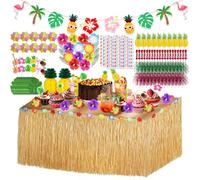 HavaCue 200 Pcs Hawaïenne Luau Table Jupe Set de Décoration, Gâteau Feu d'artifice, Fleurs Hawaïennes, 3D Ananas, Feuilles de Palmier, Pailles Papier pour Beach Summer et Fête à Thème