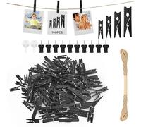 HavaCue Lot de 140 Mini Pinces à Linge en Bois Noir 2.5/3/3.5/4.5CM pour Mariage, Photo Polaroid avec 10M Corde de Jute DIY