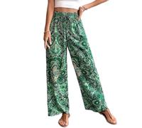 Havejoy Pantalon Fluide Jambe Large Femme Été Imprimé Fleur Élastique Taille Haute Hippie Ethnique Chic Leggings Palzzo Pantacourt Décontracté Party Danse Fête Wide Leg Pants Mode Streetwear Beachwear