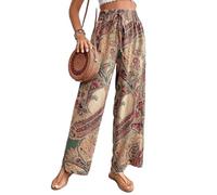 Havejoy Pantalon Fluide Jambe Large Femme Été Imprimé Fleur Élastique Taille Haute Hippie Ethnique Chic Leggings Palzzo Pantacourt Décontracté Party Danse Fête Wide Leg Pants Mode Streetwear Beachwear