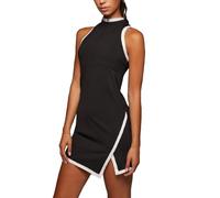 Havejoy Robe Courte Fermeture éclair Femme Ete Col V San Manche avec Fente pour Golf Tennis Badminton Jogging Yoga Entraînement Sport Patchwork ColorBlack Mini Dress Debardeur Robe Asymétrique Casual