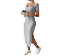 Havejoy Robe Mi Longue Femme Moulante Col Carré Manches Courtes, Décontracté Midi Bodycon Robe Tricot Côtelée avec endue sur Le Côté pour Cocktail Soirée Plage