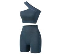 Havejoy Vetement Sport Femme Fitness Ensemble Deux Piece Short et Crop Top Une Epaule Camisole Court Tenue de Yoga Mode Survêtement Ete pour Jogging Gymnastique Training Danse Pilate Workout Tracksuit