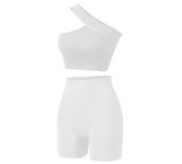 Havejoy Vetement Sport Femme Fitness Ensemble Deux Piece Short et Crop Top Une Epaule Camisole Court Tenue de Yoga Mode Survêtement Ete pour Jogging Gymnastique Training Danse Pilate Workout Tracksuit