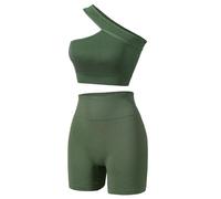 Havejoy Vetement Sport Femme Fitness Ensemble Deux Piece Short et Crop Top Une Epaule Camisole Court Tenue de Yoga Mode Survêtement Ete pour Jogging Gymnastique Training Danse Pilate Workout Tracksuit