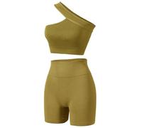 Havejoy Vetement Sport Femme Fitness Ensemble Deux Piece Short et Crop Top Une Epaule Camisole Court Tenue de Yoga Mode Survêtement Ete pour Jogging Gymnastique Training Danse Pilate Workout Tracksuit