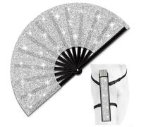 HavenDomicile Grand éventail pliable à paillettes avec étui, matériau ABS léger, mécanisme de pliage facile pour les raves, festivals, clubs (éventail à paillettes argentées)