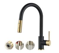 Havin Robinet avec douchette extractible, en acier inoxydable à arc élevé, cartouche en céramique de phtalocyanine de cuivre, sans plaque de pont, pour évier à 1 trou, doré et noir