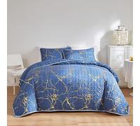 HAVOP Parure de lit en microfibre douce pour toutes les saisons - Couvre-lit matelassé bleu avec imprimé marbre doré, bleu sarcelle