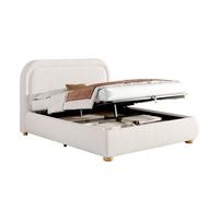 HAVRYA Lit Coffre 160x200 cm - Lit Double avec Grand Rangement et Tête Capitonnée, Tissu Bouclé, Pieds Bois - Blanc - Sans Matelas