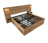 HAVRYA Lit Double 160x200 cm - Lit Adulte avec Rangement - Niche Lumineuse et Éclairage LED - Sans Matelas - Bois - Chêne