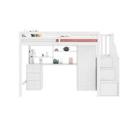 HAVRYA Lit Mezzanine 90x200 cm, Ensemble Lit avec Bureau et Armoire, Escalier Rangement et Tiroirs, en MDF, Blanc - sans Matelas