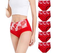 HAVVIS Lot de culottes pour femme en coton taille haute avec effet jacquard rose, Slip 04 - Lot de 5 - Rouge, Medium