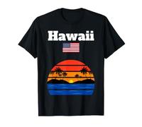 Hawaï Coucher de Soleil Souvenir Tropical Plage Palmier Drapeau américain T-Shirt