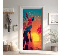 Hawaï Tropical Sticker Mural, Coucher de Soleil Mer Autocollants De Porte Muraux Décoration Poster Murale, Guitare Oiseau Stickers de Porte Imperméable Vinyle 90x200 cm w6iB18432yy