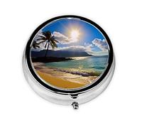 Hawaii Beach - Petit pilulier rond en métal - 3 compartiments - Portable - Mini pilulier de voyage - Pour médicaments quotidiens, suppléments vitaminés
