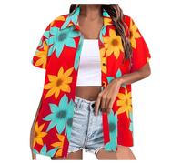 Hawaii Hemd Damen Kurzarm Hawaiihemd Sommer Strandshirt Funky Hawaiibluse Fronttasche Party Hemden Hawaii Outfit Damen Casual Hemdbluse Shirt Tops Beach Urlaub Bluse
