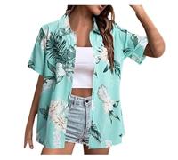 Hawaii Hemd Damen Kurzarm Hawaiihemd Sommer Strandshirt Funky Hawaiibluse Fronttasche Party Hemden Hawaii Outfit Damen Casual Hemdbluse Shirt Tops Beach Urlaub Bluse
