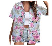 Hawaii Hemd Damen Kurzarm Hawaiihemd Sommer Strandshirt Funky Hawaiibluse Fronttasche Party Hemden Hawaii Outfit Damen Casual Hemdbluse Shirt Tops Beach Urlaub Bluse