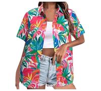 Hawaii Hemd Damen Kurzarm Hawaiihemd Sommer Strandshirt Funky Hawaiibluse Fronttasche Party Hemden Hawaii Outfit Damen Casual Hemdbluse Shirt Tops Beach Urlaub Bluse