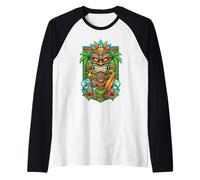 Hawaiian Grinning Tiki Art Artistic Tribal Beach Vibe Hawaï Manche Raglan