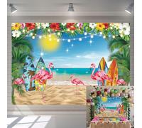 Hawaiian Summer Backdrop Beach Tropical Island Seaside Surf Sky Ocean Flamingo Palm Leaves Banner Decoration Aloha Luau Happy Party Photo Props (8x6ft)