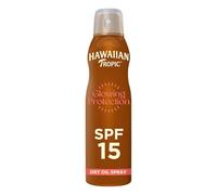 Hawaiian Tropic Brume huile sèche Glowing Protection, Résistante à l’eau, Protection SPF 15, UVA + UVB, Écran solaire en spray, Senteur tropicale, Huile solaire aux plantes des îles, 177 ml